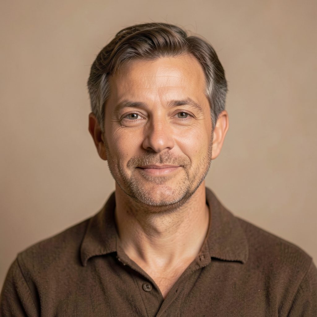 Portrait placeholder with warm earthy tones, soft neutral background